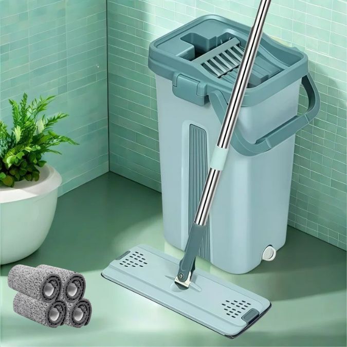 balai-serpillère-seau-essoreur-a-double-compartiment-quatre-lingettes-microfibre