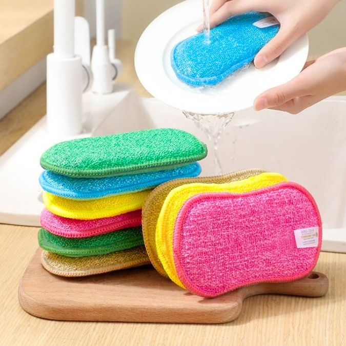 eponge-lavable-lot-de-10-réutilisable-en-microfibre-rose-jaune-bleu-vert-kaki